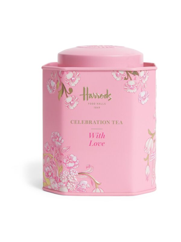 HDFT2630002-13_1-uni 英國 Harrods With Love 散裝茶葉粉紅紀念鐵罐正面,印有品牌金色字樣與愛心設計