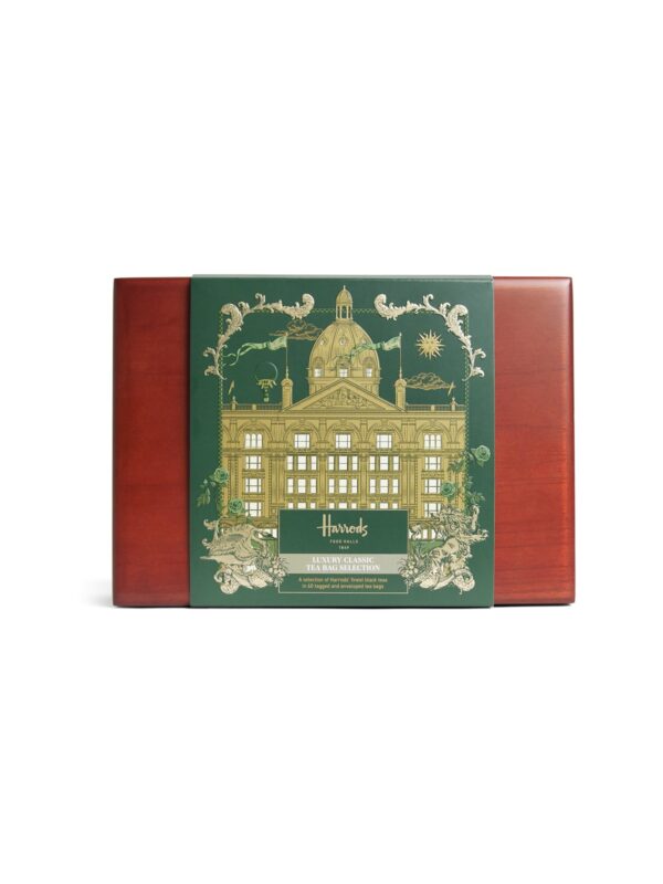 HDFT2630004-88_1-uni Harrods 經典建築圖案木質茶包禮盒正面,咖啡色木質外觀搭配品牌燙金標誌