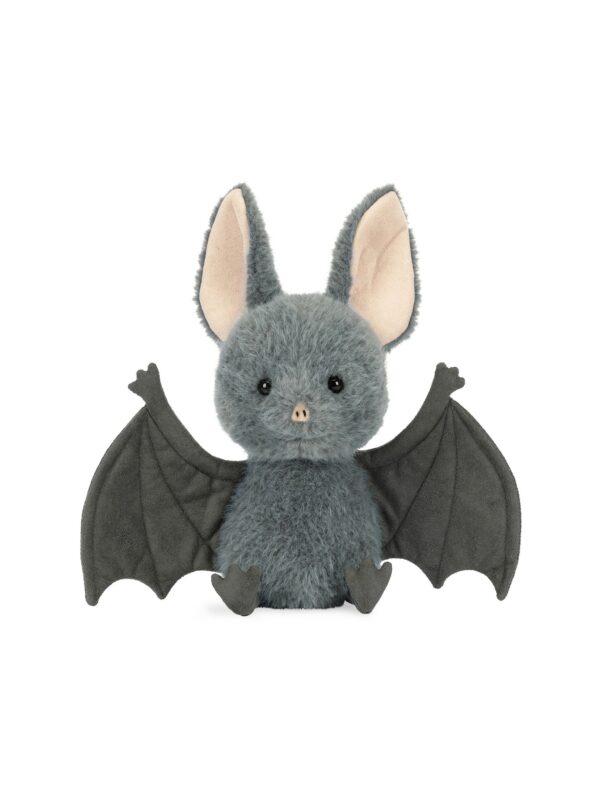 JCDB2630034-08_1-uni-4 英國 JELLYCAT Broox Bat 灰色蝙蝠絨毛娃娃正面,展示展開翅膀造型與刺繡細節