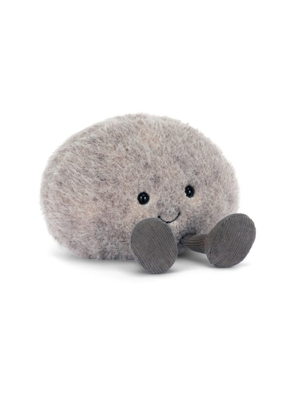 JCDB2630036-08_1-uni 英國 JELLYCAT Amuseables Pebble 鵝卵石絨毛娃娃正面,灰褐色斑駁絨毛與縫線笑容特寫
