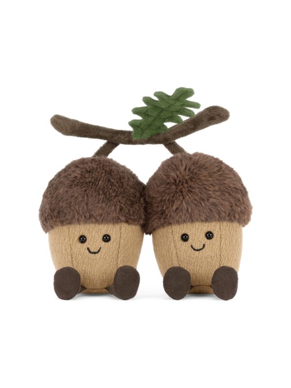 JCDB2630041-88_1-uni 英國 JELLYCAT Amuseables Ort & Tum 橡實雙胞胎絨毛娃娃正面,兩顆棕色橡實笑臉相依,尺寸約 18cm