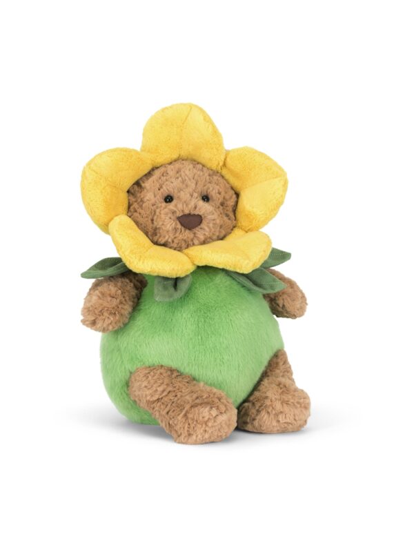 JCDB2630044-84_1-uni 英國 JELLYCAT 巴塞洛繆水仙花熊正面,穿著黃色花瓣帽可拆卸水仙花服裝,咖啡色紋理毛皮