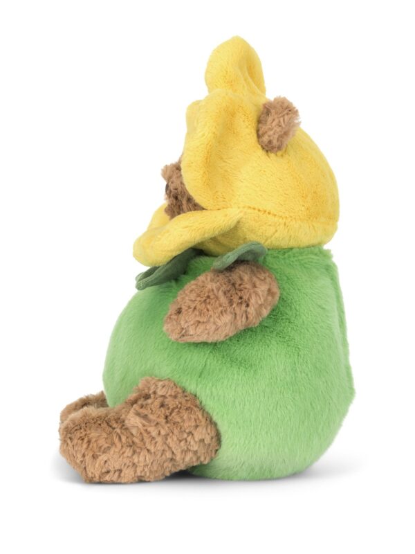 JELLYCAT Bartholomew Daffodil Bear 側面細節,展示花瓣帽造型與柔軟毛皮質感