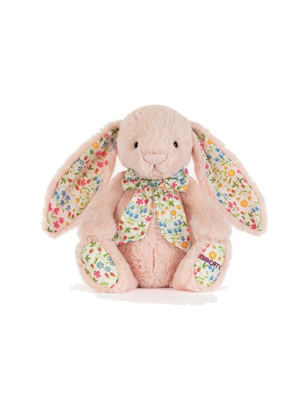 JCDB2630045-14_1-uni JELLYCAT × Liberty Mirabelle 粉色兔子毛絨娃娃正面,展示耷拉耳朵與 Liberty 碎花蝴蝶結滾邊細節