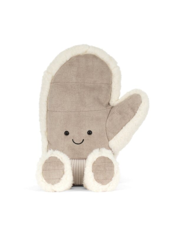 JCDB2630046-82_1-uni 英國 JELLYCAT Amuseables Fitswell Mitten 暖棕色連指手套絨毛娃娃正面,展示咧嘴笑容與蓬鬆絨毛滾邊