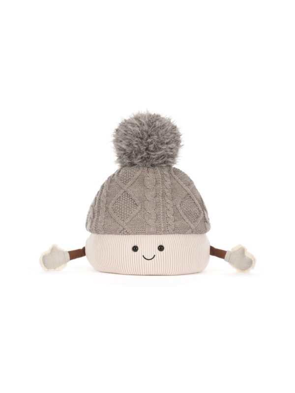 JCDB2630048-82_1-uni 英國 Jellycat Amuseables Pomilly Hat 棕色針織毛球帽絨毛娃娃正面全貌,頭頂人造皮草毛球清晰可見
