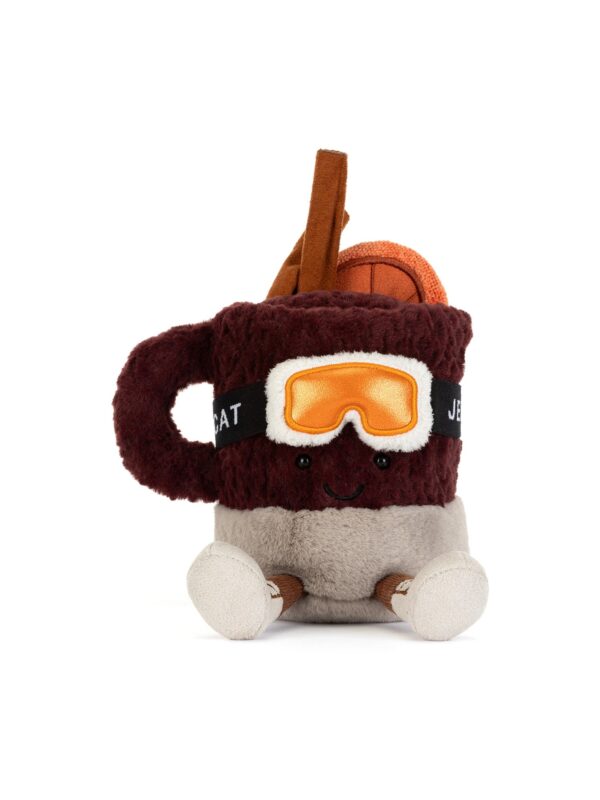 JCDB2630049-85_1-uni 英國 JELLYCAT Amuseables Mullover 香料熱飲絨毛玩偶正面,棕色杯身配橘色滑雪鏡全貌