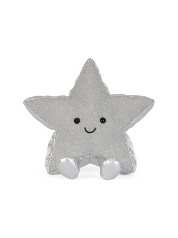 JCDB2630050-90_1-uni 英國 JELLYCAT Amuseables Silver Star 銀色星星絨毛娃娃正面,閃亮針織面料與燦爛笑臉特寫