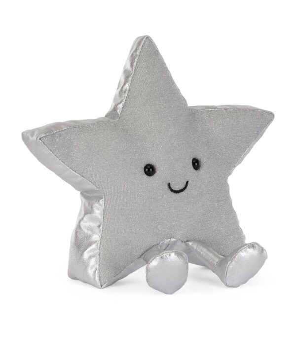 JCDB2630050-90_2 JELLYCAT Silver Star 銀色星星娃娃側面角度,展現金屬光澤針織質感與立體造型