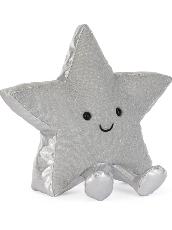JELLYCAT Silver Star 銀色星星娃娃側面角度,展現金屬光澤針織質感與立體造型
