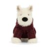 JCDB2630051-00_1-uni JELLYCAT Munro 蘇格蘭梗犬絨毛娃娃正面,身穿酒紅色針織毛衣,奶油白蓬鬆毛髮