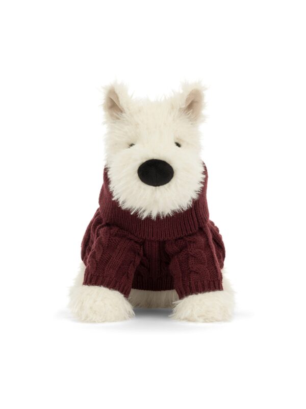 JCDB2630051-00_1-uni JELLYCAT Munro 蘇格蘭梗犬絨毛娃娃正面,身穿酒紅色針織毛衣,奶油白蓬鬆毛髮