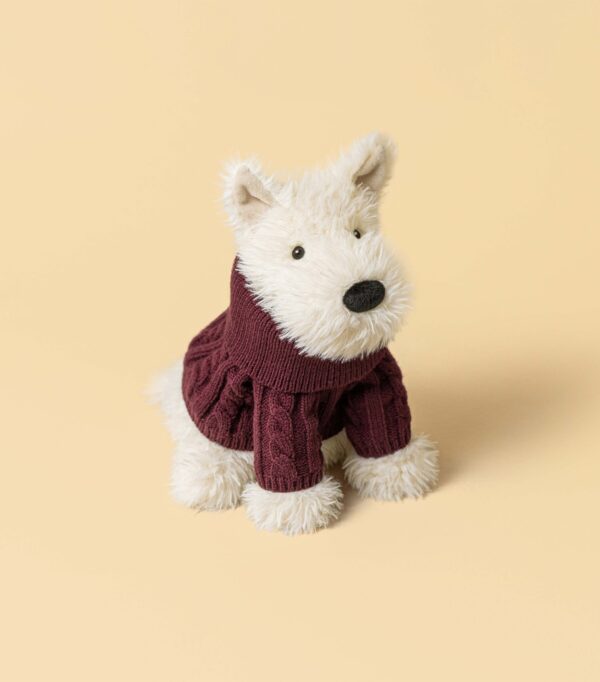 JCDB2630051-00_2 JELLYCAT Munro 蘇格蘭梗犬側面角度,展示立體身形與酒紅針織毛衣細節