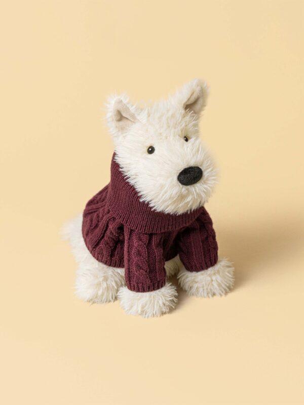 JELLYCAT Munro 蘇格蘭梗犬側面角度,展示立體身形與酒紅針織毛衣細節