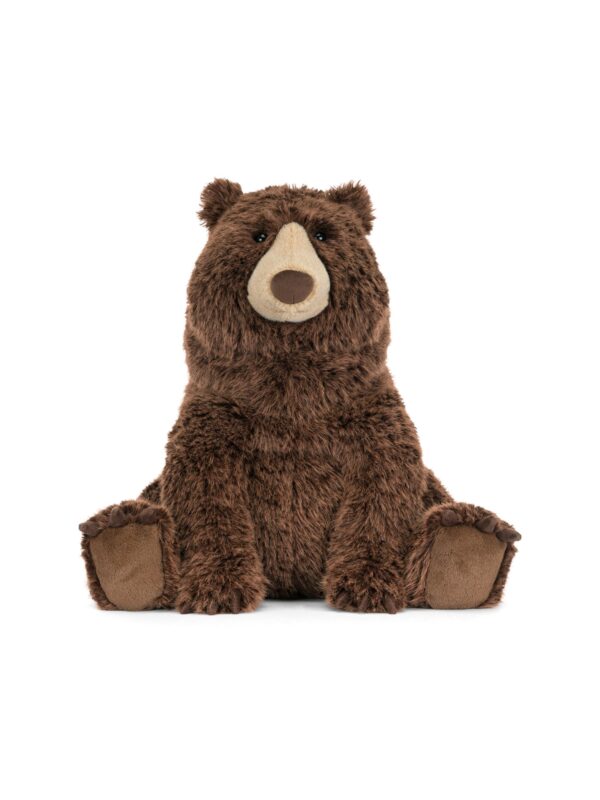 JCDB2630053-88_1-uni JELLYCAT Bizzlestomp Bear 40cm 棕色絨毛熊娃娃正面全身照,展示圓潤敦實身形與長手臂