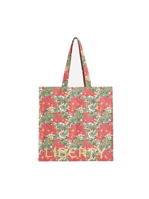 LYBB2632006-28_1-uni Liberty London Merry Reverie 橘色花卉棉帆布手提袋正面,展示完整 Voysey 印花圖案
