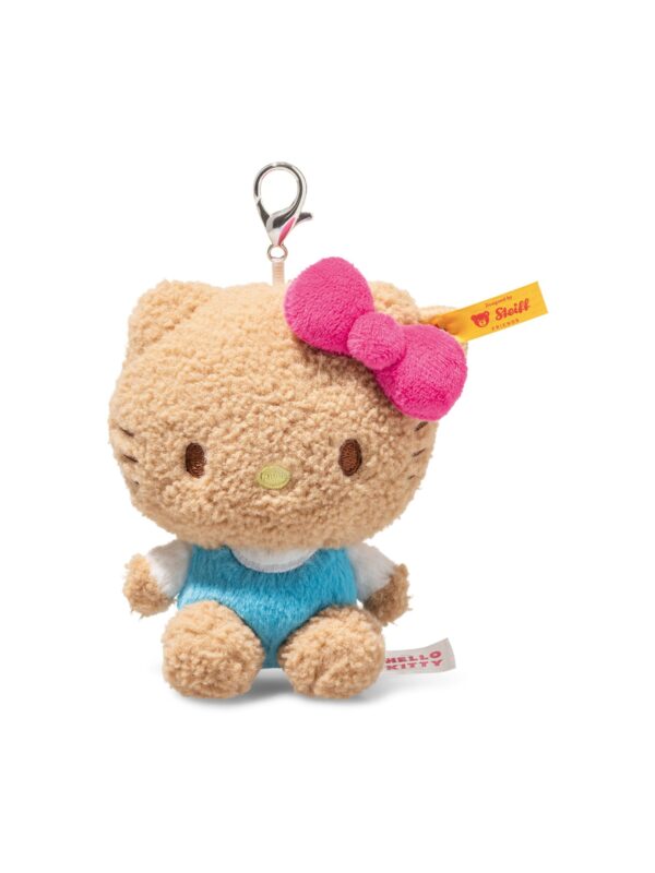 SFAK2630003-82_1-uni STEIFF × Hello Kitty 焦糖色聯名絨毛包包吊飾正面,展示不鏽鋼耳部鈕扣與俏皮造型
